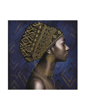 InTheBox AFRICAN LADY ΠΙΝΑΚΑΣ ΚΑΜΒΑΣ ΜΠΛΕ ΧΡΥΣΟ ΞΥΛΟ 80x80xH3,5cm