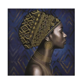 InTheBox AFRICAN LADY ΠΙΝΑΚΑΣ ΚΑΜΒΑΣ ΜΠΛΕ ΧΡΥΣΟ ΞΥΛΟ 80x80xH3,5cm